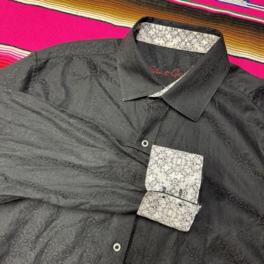 Robert Graham Dress Shirt‎ Men XL Black Paisley Jacquard Flip Cuff Button Up